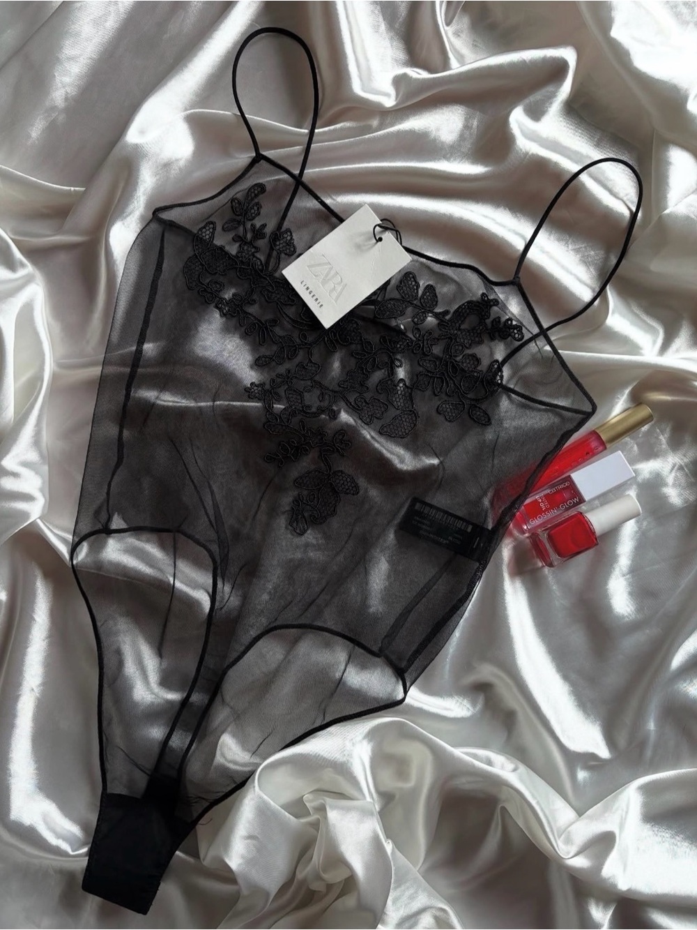 Zara Black Sheer Floral-Embroidered Slip